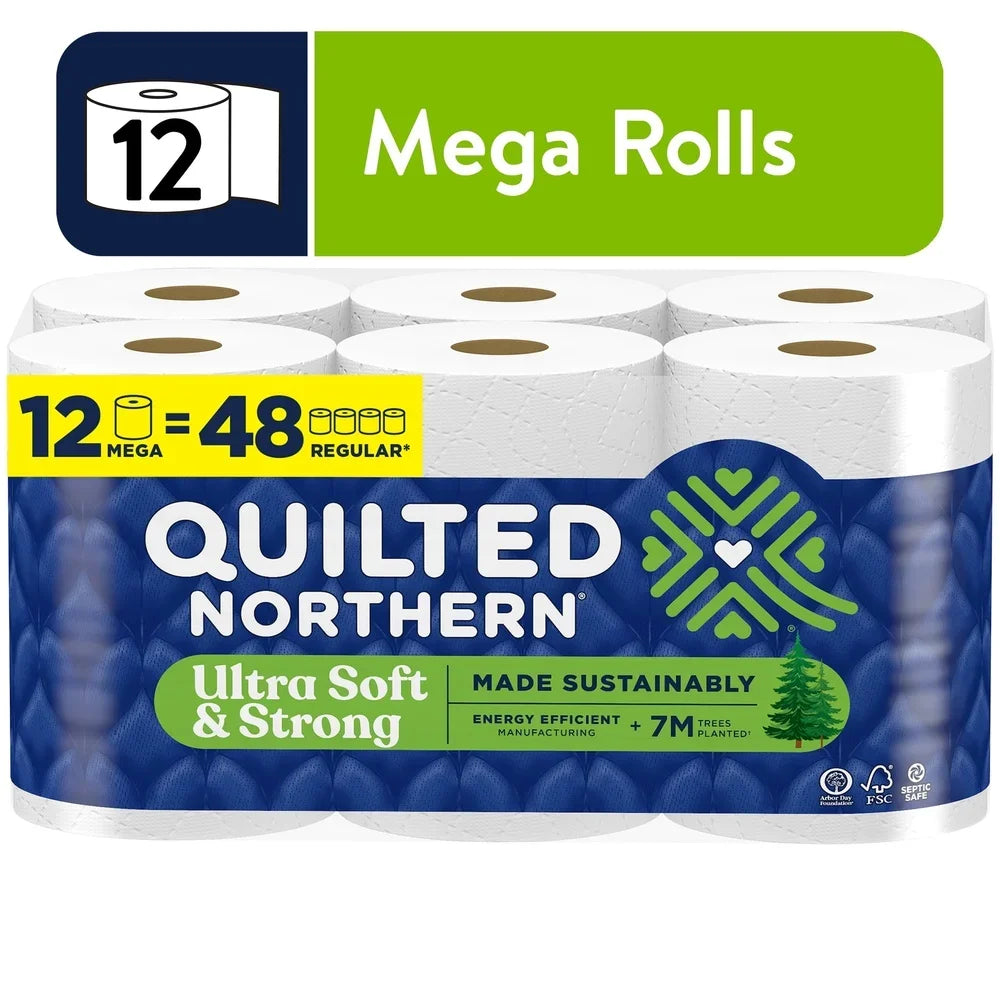 Ultra Soft Strong Toilet Paper 12 Mega Rolls 2 Ply Sustainable 5X Strong Absorbent Reliable Septic Safe Eco-Friendly
