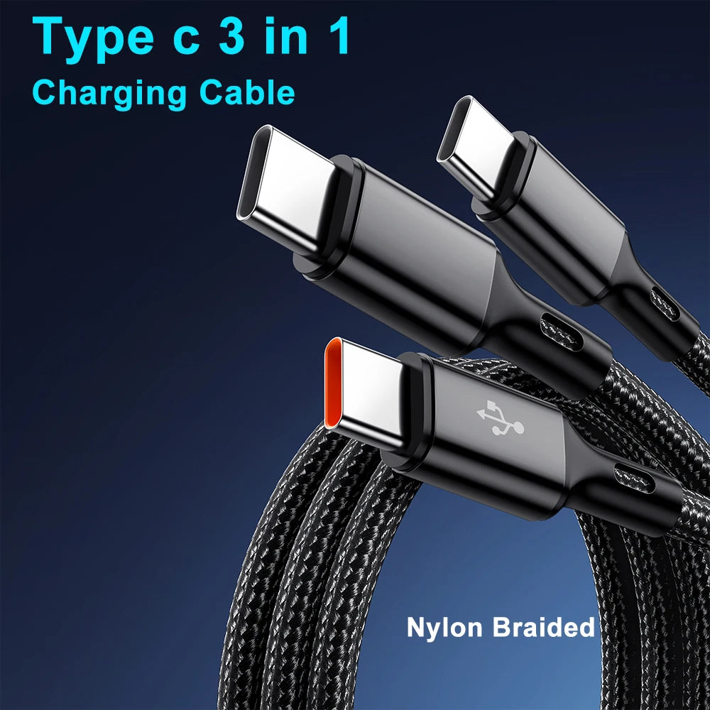 6A USB Type C Cable 3 in 1 120W Fast Charging Universal Mobile Phone USB Charging Data Cord Quick Charge USB C Cables