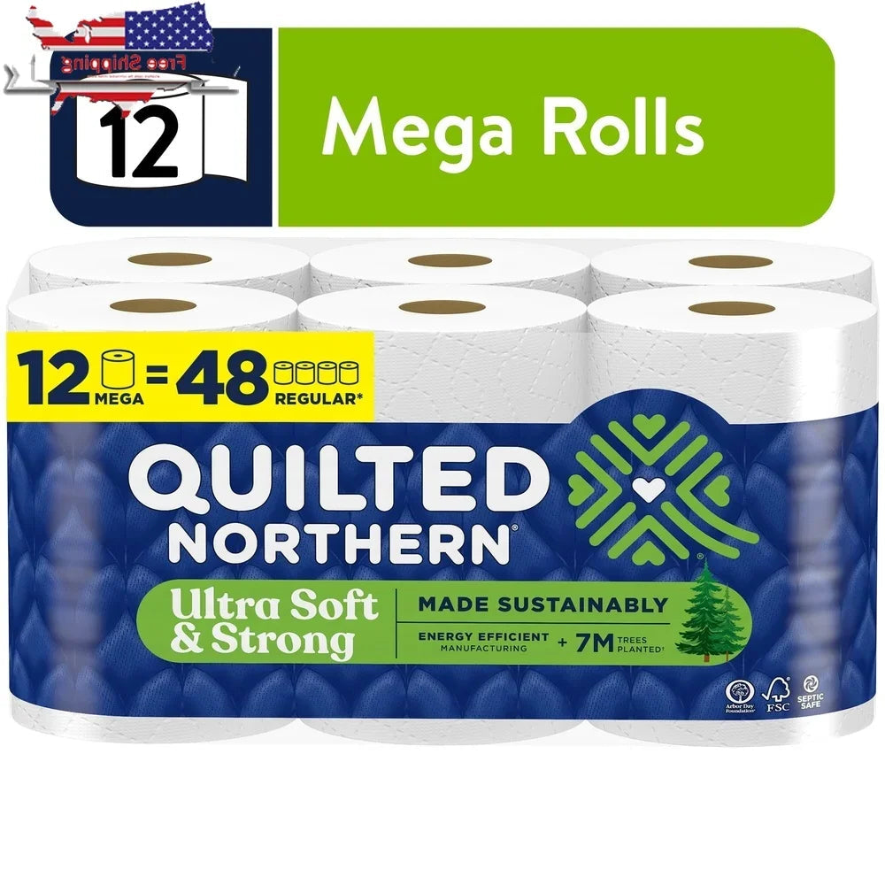 Ultra Soft Strong Toilet Paper 12 Mega Rolls 2 Ply Sustainable 5X Strong Absorbent Reliable Septic Safe Eco-Friendly