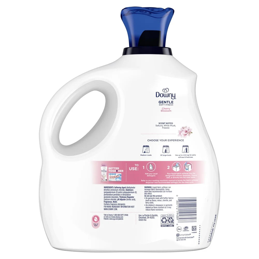 Gentle Liquid Fabric Softener 93 fl oz 138 Loads Softness Freshness Cherry Blossom Scent High Efficiency Easy to Use