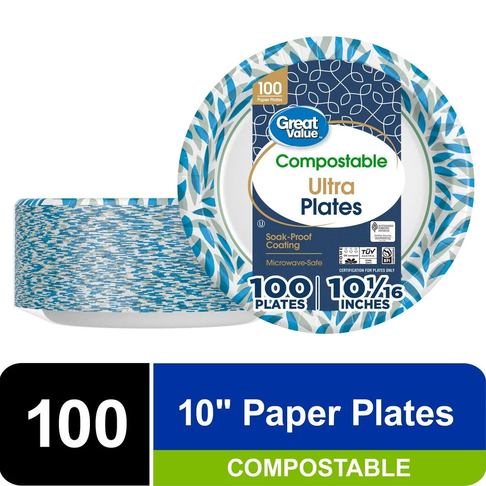 Ultra Compostable Paper Plates 10 Inch Heavy Duty Soak Proof Microwave Safe Bulk 100 Count Perfect Parties Picnics Events