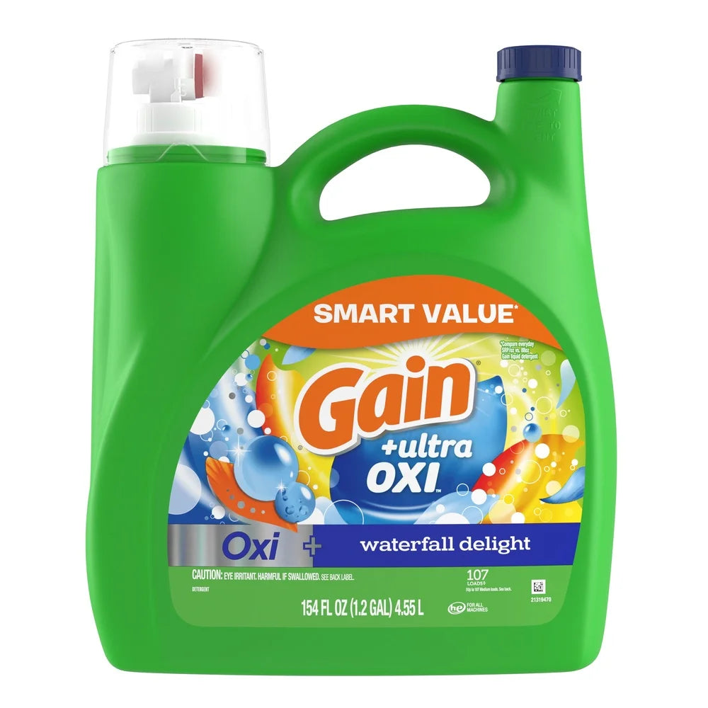 Ultra Oxi Liquid Laundry Detergent Waterfall Delight Scent 154 fl oz 107 Loads Stain Remover Odor Eliminator HE Compatible Cold