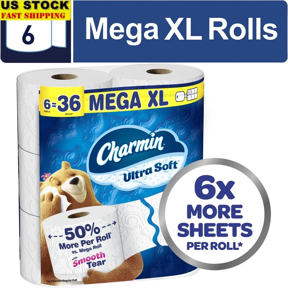Ultra Soft Toilet Paper 6 Mega XL Rolls 336 Sheets 2 Ply Absorbent Clog-Free Septic Safe Unscented Perforated White