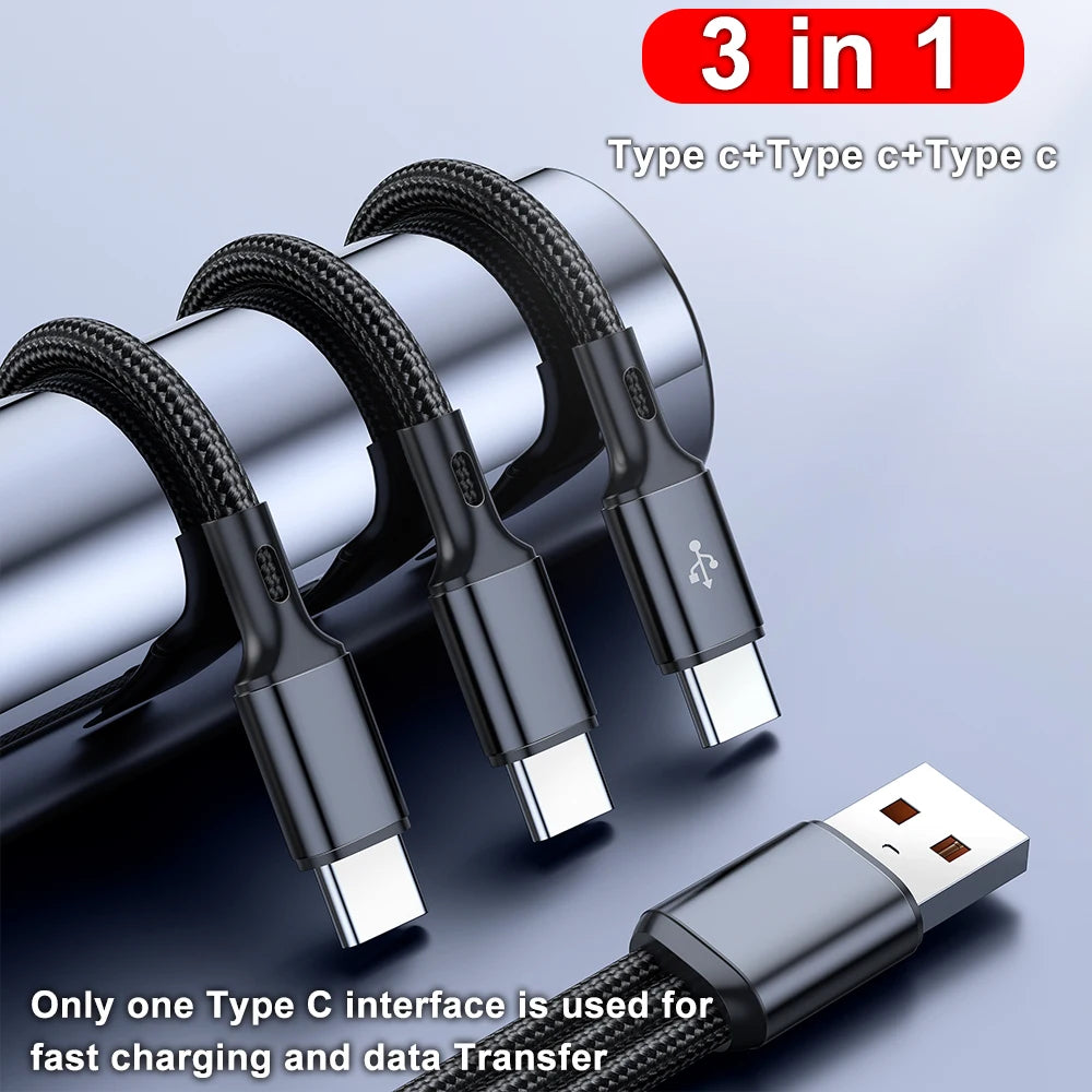6A USB Type C Cable 3 in 1 120W Fast Charging Universal Mobile Phone USB Charging Data Cord Quick Charge USB C Cables