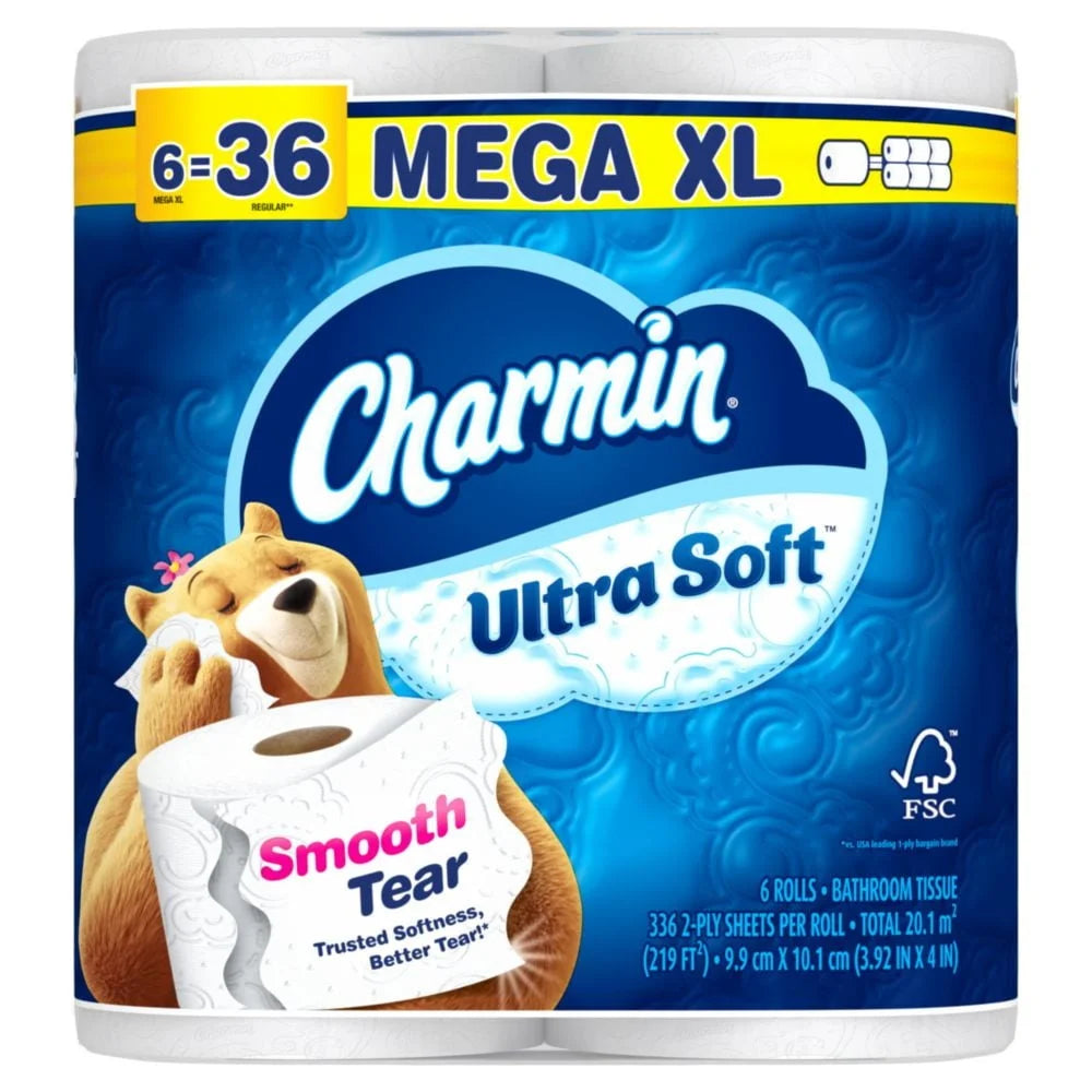 Ultra Soft Toilet Paper 6 Mega XL Rolls 336 Sheets 2 Ply Absorbent Clog-Free Septic Safe Unscented Perforated White