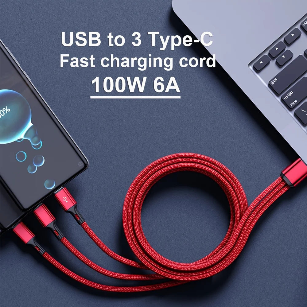 6A USB Type C Cable 3 in 1 120W Fast Charging Universal Mobile Phone USB Charging Data Cord Quick Charge USB C Cables