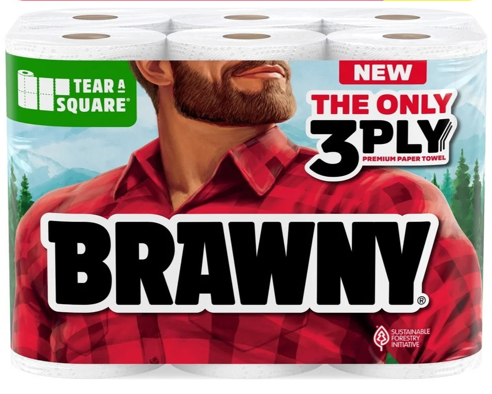 Brawny paper towels packaging with a man in a red shirt and beard, featuring the brand name and packaging design.