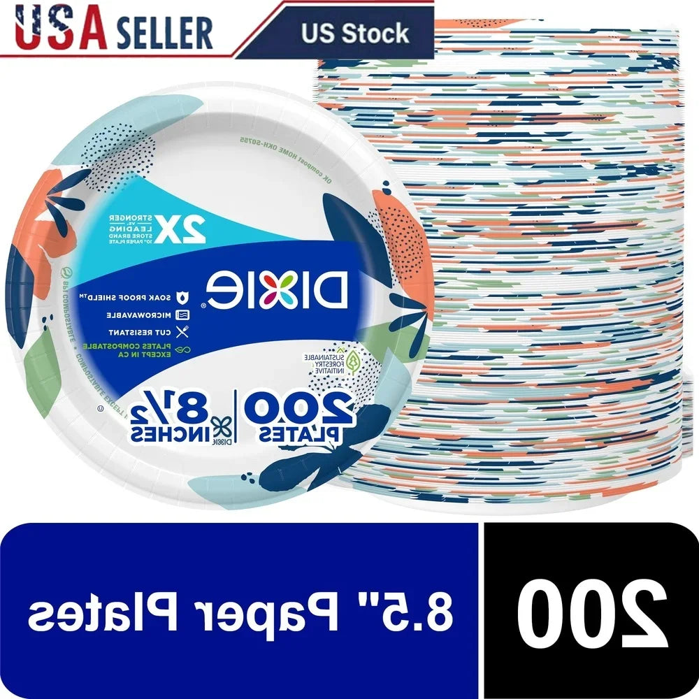 Disposable Paper Plates 8.5 Inch 200 Count Compostable Microwave Safe Durable Leak Resistant Party Picnic Everyday Use
