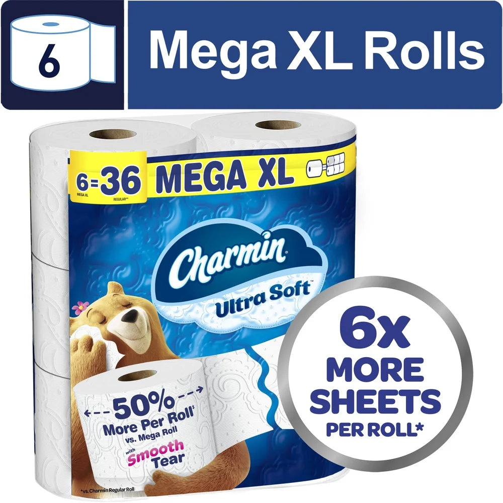 Ultra Soft Toilet Paper 6 Mega XL Rolls 336 Sheets 2 Ply Absorbent Clog-Free Septic Safe Unscented Perforated White