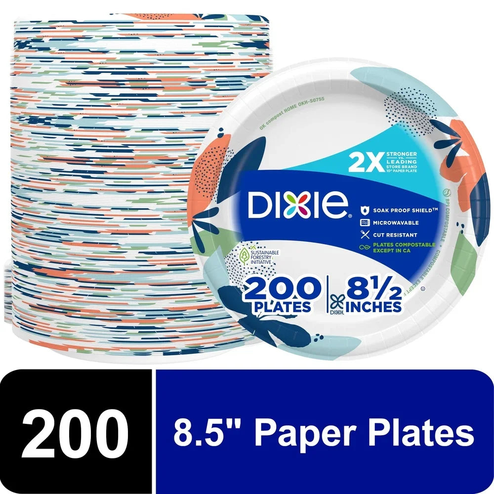 Disposable Paper Plates 8.5 Inch 200 Count Compostable Microwave Safe Durable Leak Resistant Party Picnic Everyday Use