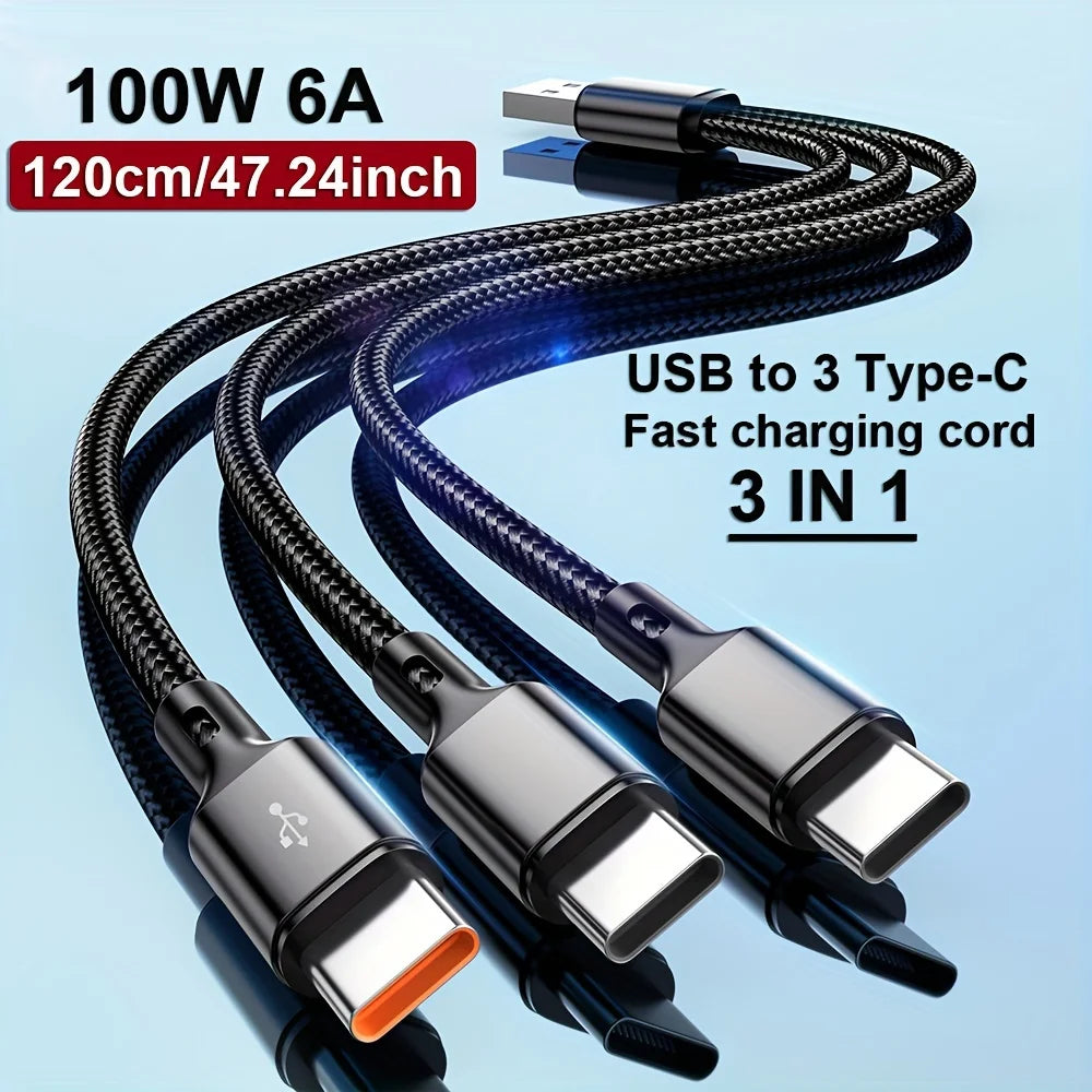 6A USB Type C Cable 3 in 1 120W Fast Charging Universal Mobile Phone USB Charging Data Cord Quick Charge USB C Cables