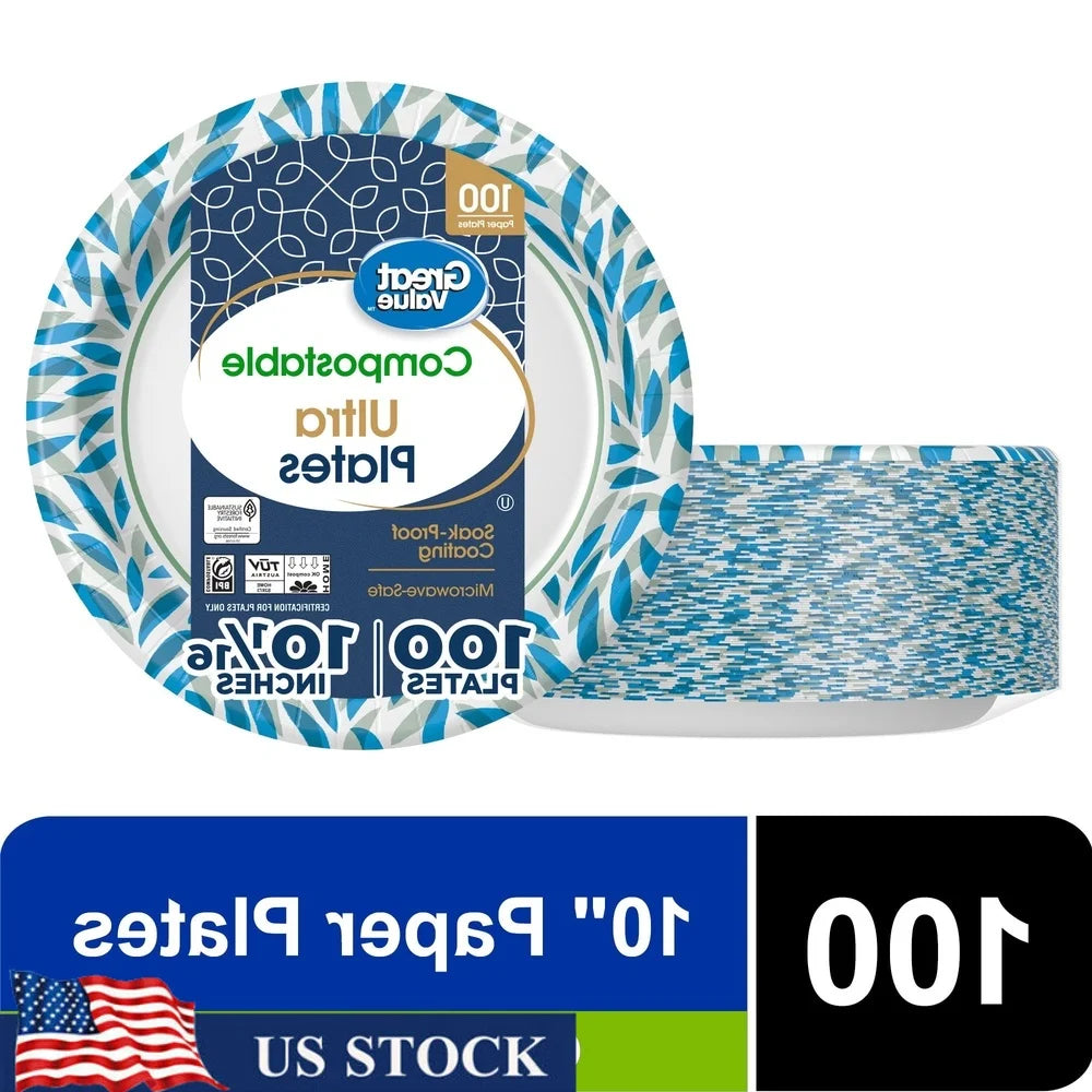 Ultra Compostable Paper Plates 10 Inch Heavy Duty Soak Proof Microwave Safe Bulk 100 Count Perfect Parties Picnics Events