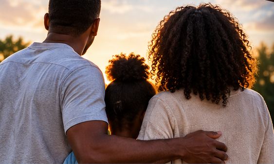 A family of three looking out at a sunset together