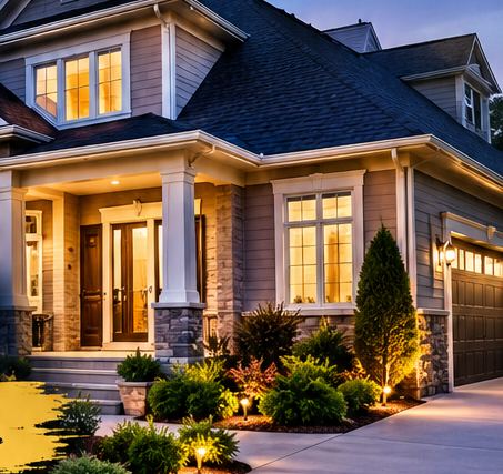 A two story family home with warm porch lights at dusk
